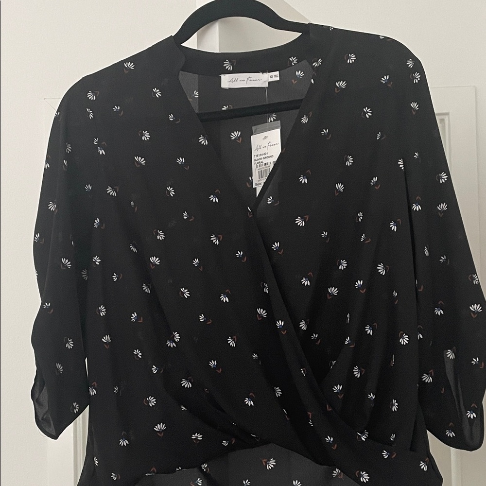 All in Favor Black Floral Faux-Wrap Blouse